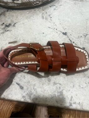 Madden Girl Tan Brown Strappy Gladiator Sandal with Gold Buckle